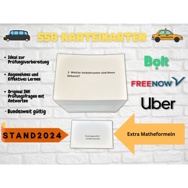 Karteikarten Lernkarten Manuskript Onlinekurs Onlinekurse zur Vorbereitung auf die IHK Sachkundeprüfung für Taxi Mietwagen Uber Freenow Bolt Unternehmerschein